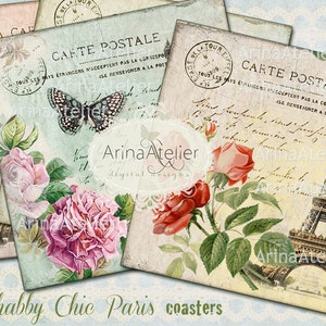 COASTERS Shabby Chic Paris - 4 x 4 inch - set of 4 cards - TAGS Digital Collage Sheet - Digital tags - Digital printable - Collage Downloads