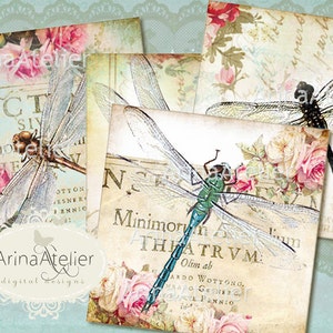 Coasters Vintage Dragonflies 4 x 4 inch cards Digital Download Sheet Digital tags Digital printable Collage sheet Magnets image 1