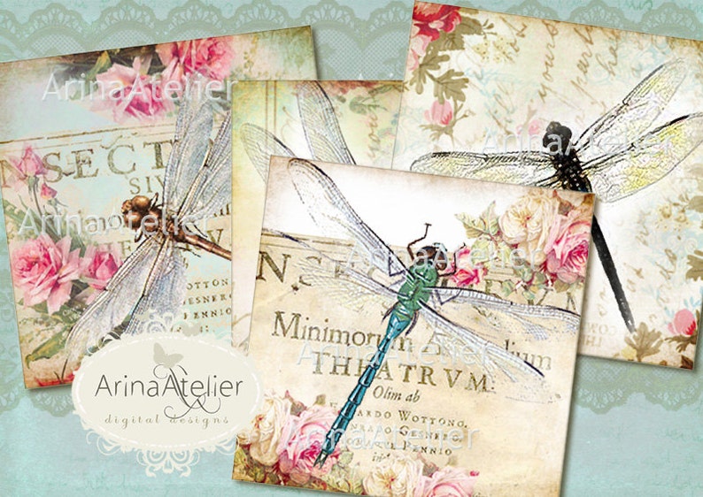 Coasters Vintage Dragonflies 4 x 4 inch cards Digital Download Sheet Digital tags Digital printable Collage sheet Magnets image 1