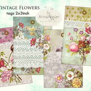 Tags Vintage Flowers - Digital Tags - Download Collage Sheet - Printable Sheet - ATC Cards - Hang Tags - Gift Tags