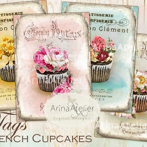 CARDS French CUPCAKES - Digital Collage Sheet - French Patisserie - Shabby Chic Images - Cupcakes Digital Collage - Digital Tags - Sweets