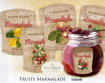 Fruits Marmalade Vintage LABELS - Jam Labels - handmade labels - Digital Labels - digital collage sheet -  tags, scrapbooking