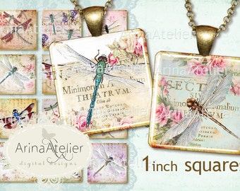 Vintage Dragonflies Collage 1 inch Squares - Digital Collage Sheet for 25 mm Earrings - Bottlecaps - Pendants - Magnets