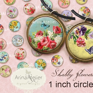 CIRCLES 1 inch Shabby Flowers - Circles 1inch - Digital Collage Sheet for 1 inch Earrings - Bottle caps - Pendants - Magnets - Bijoux Supply