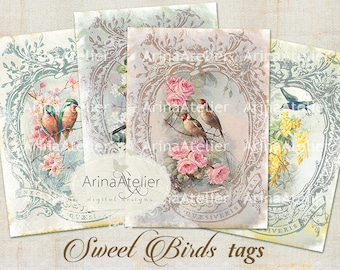 TAGS Sweet Birds - Digital Collage Tags - Scrapbooking - Vintage Birds Cards - Digital Collage Images - Digital printables - Gift Tags