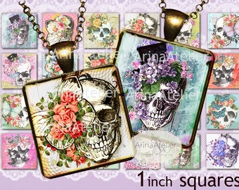 Skulls Pop Art Suares 1 inch -  micro slides 1 inch - tags - Bottlecups - bijoux supplies - pendants supplies - Earrings - Magnets