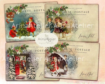 Digital Cards Christmas Post Cards -Digital Tags - set of 4 - 3,5x5 inches ATC cards - digital download