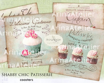 Shabby Chic Patisserie Coaster - 4 x 4 inch - set of 4 cards - Digital Download Sheet - Digital tags - Digital printable - Collage sheet