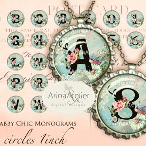 Shabby Chic Monograms  1 inch CIRCLES - ALPHABET Circles Digital Collage Sheet Bottle Caps Digital Labels Embellishments Shabby Chic tags
