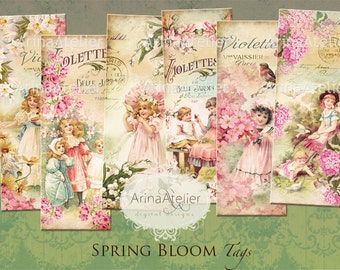 Spring bloom Bookmarks - Digital Collage Tags - Shabby chic Collage Tags -  Hang Tags - Vintage Collage - gift Tags, scrapbooking, mixed med