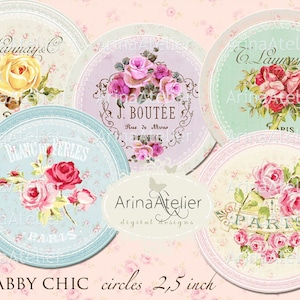 CIRCLES Shabby Chic Mix - 2,5inch circles - Shabby chic Flowers CIRCLES - Digital Collage CIrcles - pocket mirrors, tags, scrapbooking