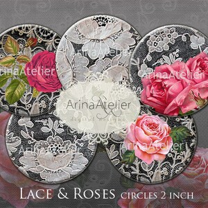 CIRCLES Lace & Roses 2 inch - Digital Collage Download - Digital Collage Sheet - Lace Roses Circle - Pocket Mirrors, Pendants, Jewels Supply