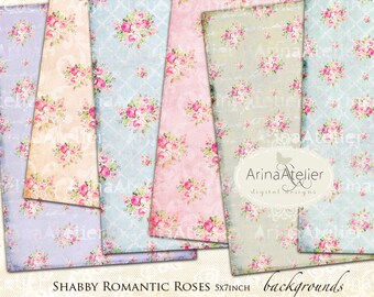 Romantic Shabby Roses DIGITAL PAPER - Large Image Scrapbooking - Background - 5x7 inch - Digital Print - Digital Collage Sheet set of 6