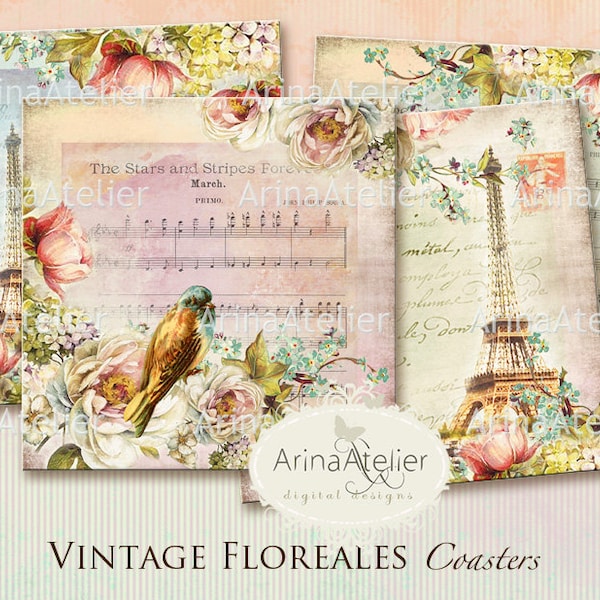 Coasters Vintage Floreales - Background - background - digital collage sheet - set of 4 - Printable Download