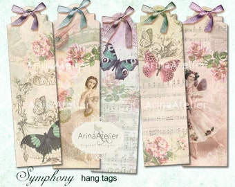 Symphony - Hang Tags Vintage Collage 2x7 inch for gifts, scrapbooking, mixed media, altered art, journaling spots