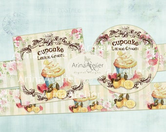 Shabby Chic Lemon Cupcake - Set of 2 Printable Sheet - digital Labels - digital Tags