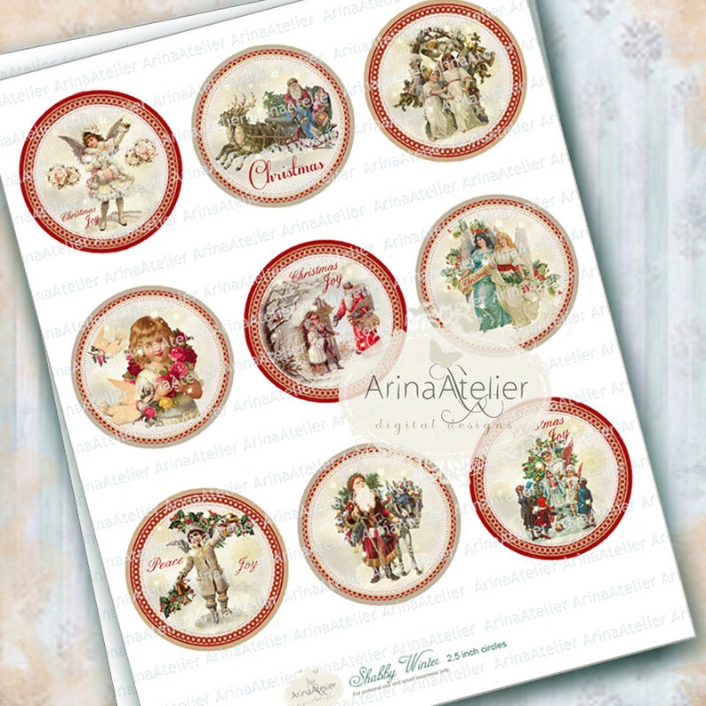Shabby Winter Circles 2,5 inch Stickers circles 2,5 inch Christmas Stickers Christmas Vintage Christmas Tags Digital collage sheet image 2