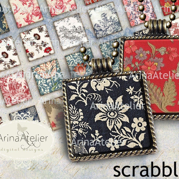 SQUARES Antique French Scrabbles - 0,75x0,83 inch - Digital Collage - Scrabble image size - Digital pendants - scrapbooking Digital Download