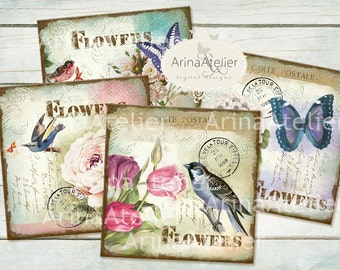 Shabby Chic Coasters -  4 x 4 inch - set of 4 cards - Digital Download Sheet - Digital tags - Vintage Digital Images