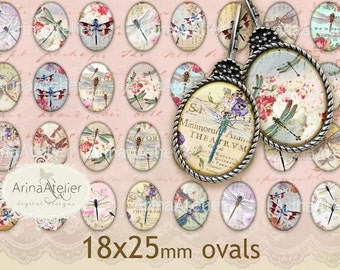 Vintage Dragonflies OVALS for earrings - 25x18mm - Digital Collage - Collage Images - Digital Images - Digital Ovals - Bijoux Supplies