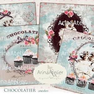 COASTERS Chocolatier - 4 x 4 inch - set of 4 cards - Digital Download Sheet - Digital tags - Digital printable - Patisserie Collage sheet