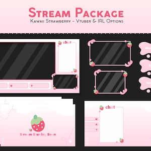 Kawaii Strawberry Twitch Stream Overlay Package | VTuber & IRL Options | Cute Streaming Overlay | Pink Game Overlay Bundle