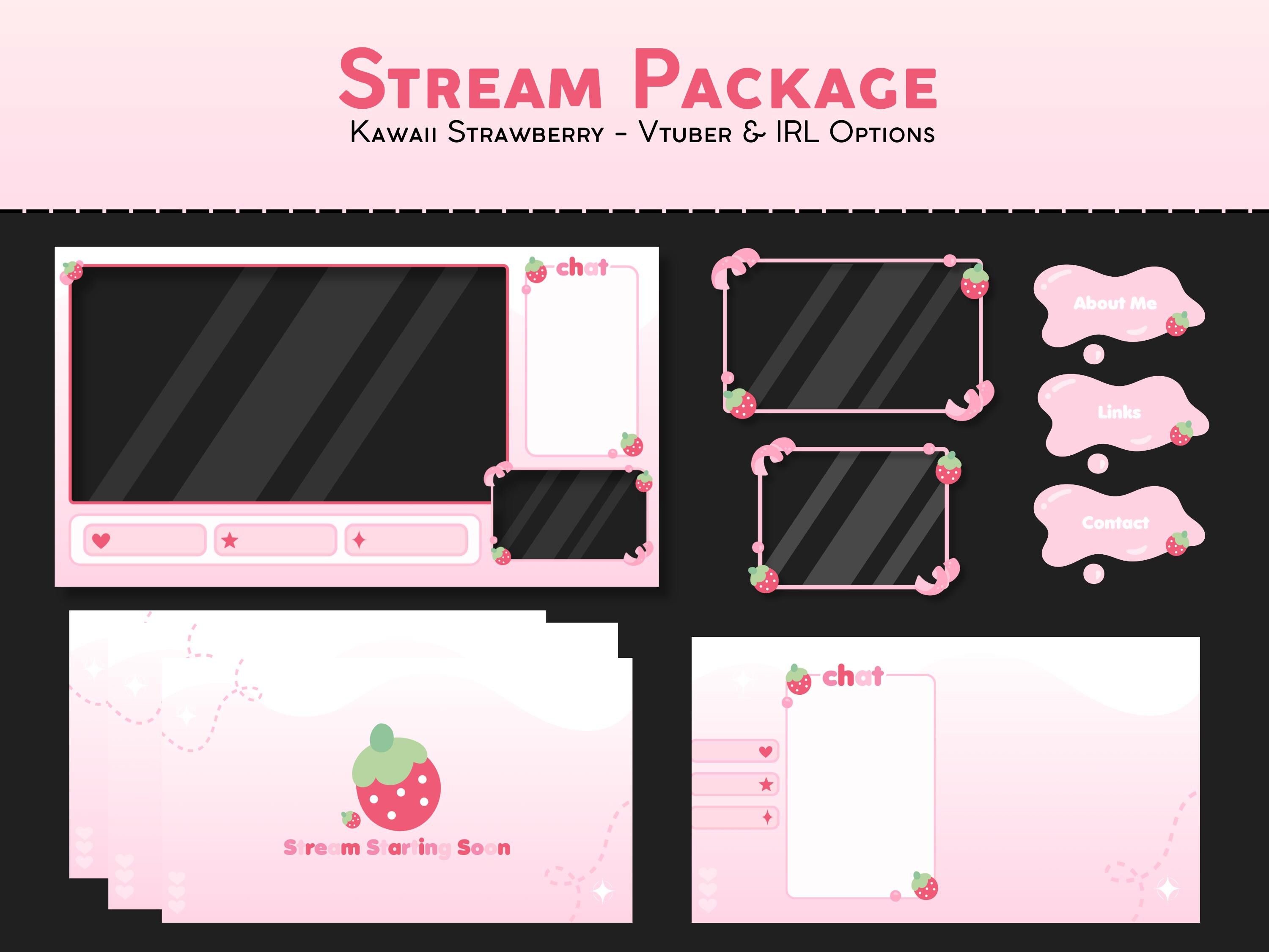 Kawaii Strawberry Twitch Stream Overlay Package | VTuber & IRL Options | Cute Streaming Overlay | Pink Game Overlay Bundle