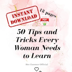 Könnte beinhalten: Digitaler Download-Grafik mit rosa und goldenem Aquarellhintergrund. Der Text enthält "Sofort-Download", "50 Tipps und Tricks, die jede Frau lernen muss" und "18 Seiten". Ein PDF-Symbol ist ebenfalls vorhanden.