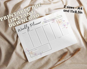 PRINTABLE WEEKLY PLANNER Minimalist Weekly Schedule printable weekly landscape flower weekly planner Week At a Glance A4 weekly planner
