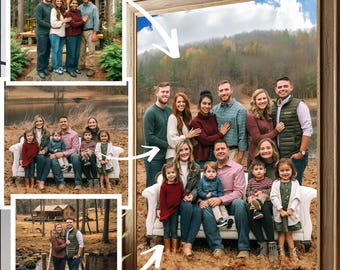 May include: A framed photo of a large family group posing outdoors in front of a wooded area. The family is wearing casual clothing and smiling. The photo is in a rustic wooden frame.
