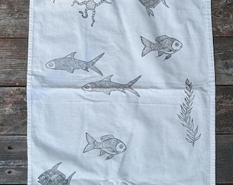 Hand Printed Marine Life Tea Towel: Linocut Cotton Kitchen Decor