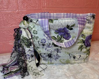 Handmade Quilted Bible Tote Bag with Floral Butterfly Design & Tassel Bookmark