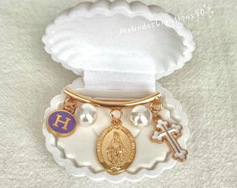 Custom Catholic baby gift, Custom Baptism gift, Custom Christening gift, Virgin Mary charm, Protection pin, Baby Shower Gift, New baby Gift