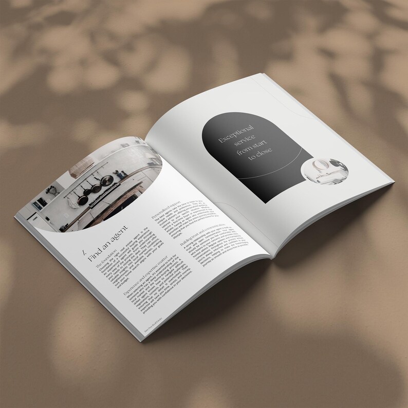 May include: Open magazine spread with a black and white photo of a kitchen on the left page and text on the right page. The text on the right page reads "Exceptional service from start to close."