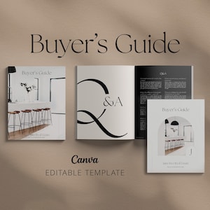 May include: A buyer's guide booklet with a black and white design. The cover features a photo of a bar with stools and a floral arrangement. The text "Buyer's Guide" is in a large, bold font. The booklet is open to a page with a Q&A section and a photo of a bar with stools.