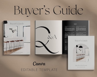 May include: A buyer's guide booklet with a black and white design. The cover features a photo of a bar with stools and a floral arrangement. The text "Buyer's Guide" is in a large, bold font. The booklet is open to a page with a Q&A section and a photo of a bar with stools.