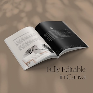 May include: Open magazine mockup with a black and white interior design theme. The magazine is open to a page with the text "Offer & negotiations" and a page with a testimonial quote. The text "Fully Editable in Canva" is printed on the bottom of the image.