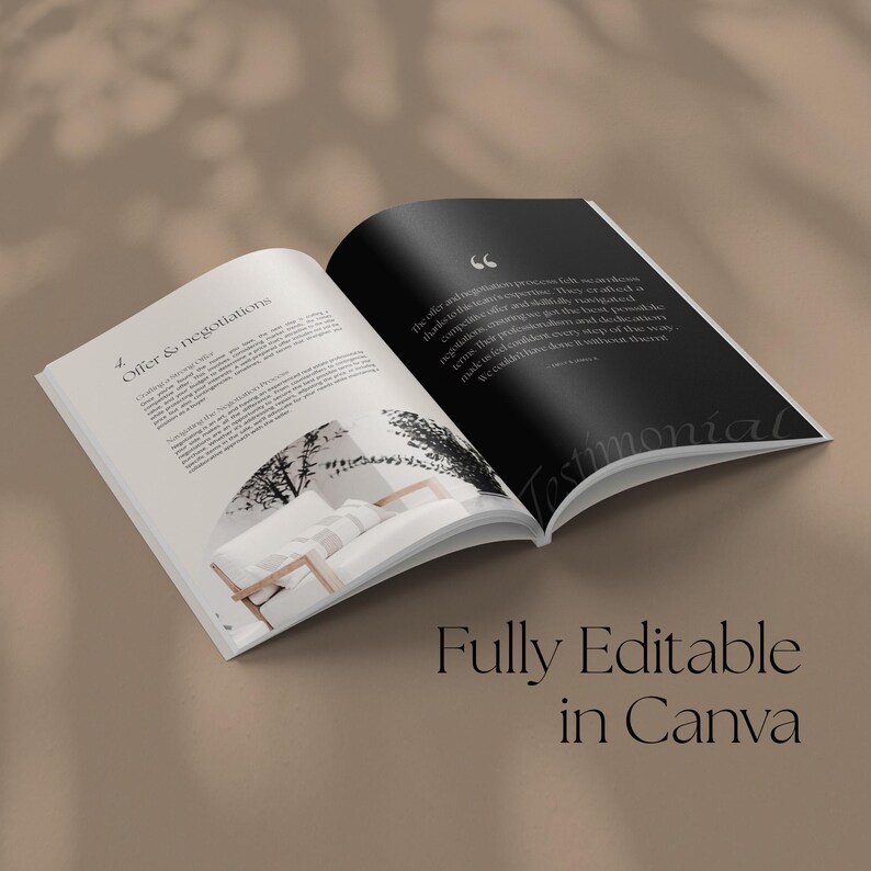 May include: Open magazine mockup with a black and white interior design theme. The magazine is open to a page with the text "Offer & negotiations" and a page with a testimonial quote. The text "Fully Editable in Canva" is printed on the bottom of the image.