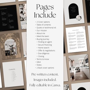 May include: A digital planner template for real estate agents. The template includes pages for a table of contents, quotes, testimonials, a mission statement, about the agent, meeting the team, buying journey, finding an agent, securing financing, home search, offer and negotiations, due diligence, closing, terms to know, Q&A, notes, and two back cover options. The template is pre-written and includes images. It is fully editable in Canva.