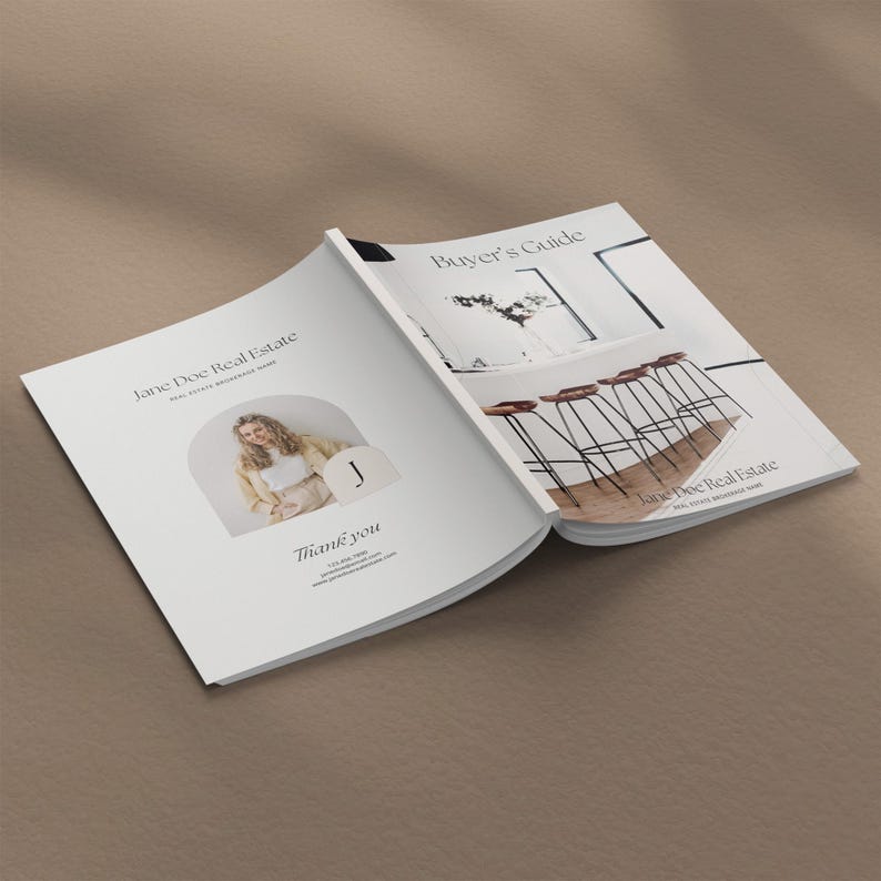 May include: A white and gray real estate buyer's guide with the title "Buyer's Guide" on the front cover. The back cover features a photo of a woman and the text "Jane Doe Real Estate".