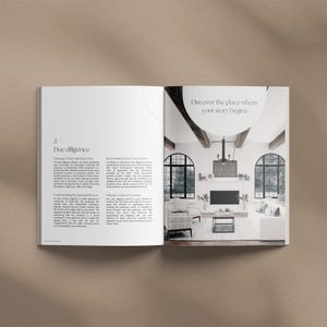 May include: Open book with a white background. The left page has the heading "Due diligence" and describes the process of buying a home. The right page has a photo of a modern living room with a fireplace and large windows. The text at the top of the right page says "Discover the place where your story begins."