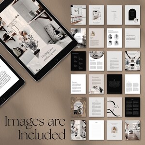 May include: A digital guide with a black and white design featuring a photo of a kitchen with a white countertop and a wooden shelf. The guide is titled "Finding your perfect space".