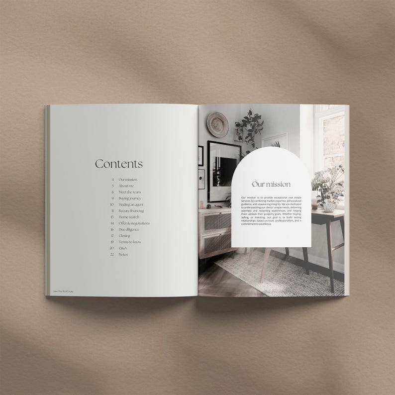 May include: An open book with a white background and black text. The left page has a table of contents with headings like "Our mission", "About us", "Meet the team", and "Buying journey". The right page has a photo of a living room with a wooden table and chairs, and a text box with the heading "Our mission".