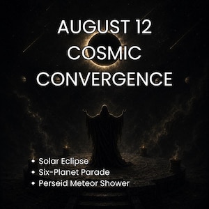 Peut inclure: Un graphique sombre montrant la silhouette d'une personne aux bras levés vers une éclipse solaire. Le texte indique : AUGUST 12 COSMIC CONVERGENCE, Solar Eclipse, Six-Planet Parade, Perseid Meteor Shower. Le tout sur un ciel étoilé.