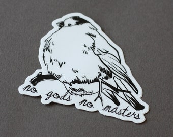 No gods no masters • WHITE STICKER • bird illustration with text