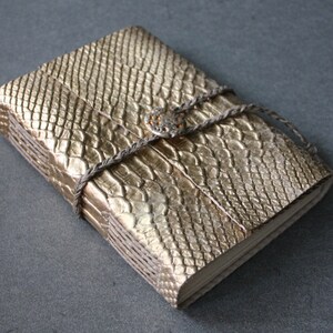 May include: A gold-colored journal with a textured, snake-skin-like cover. The journal is closed with a braided cord and button closure. The pages are visible along the edges.