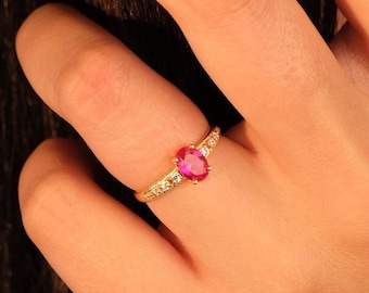 14k Gold Ruby Diamond Ring | Oval Cut Red Gemstone Proposal Wedding Jewelry