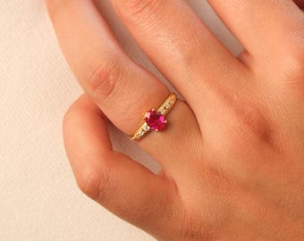 Dainty Ruby Diamond Ring, 14K Solid Gold Ring, Ruby Diamond Ring, July Birthstone Ring, Minimalist Ruby Ring, Birthday Gift, Valentines Day
