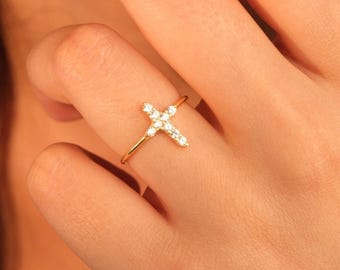 Anello con croce • Anello con croce di diamanti • Anello con croce delicata • Anello in argento sterling con croce laterale • Anello cristiano • Regalo di Natale • Regalo cattolico