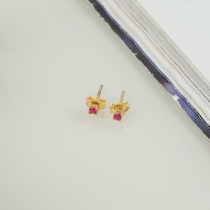 Pode incluir: Um par de brincos de botão dourados, cada um com uma pequena pedra preciosa redonda vermelha brilhante. Os brincos estão sobre um fundo branco, com uma revista no canto superior direito.